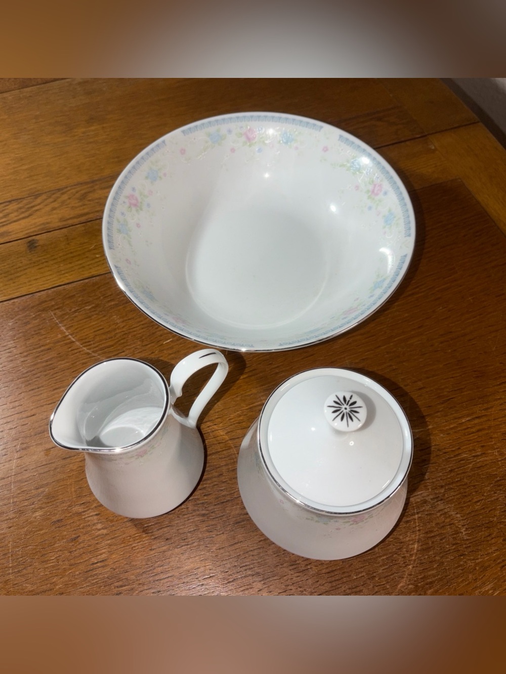 Sea Gull Fine China Serving Bowl, Sugar Bowl & Creamer Pink  & Blue Flowers